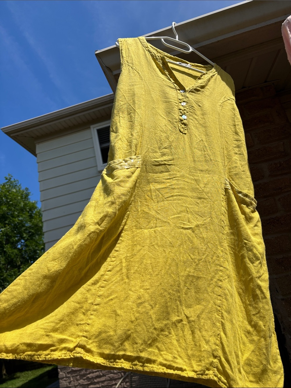 59. Sleeveless Sunny Yellow Linen Mini Dress with Mother of Pearl Button Front - Picture 3 of 17